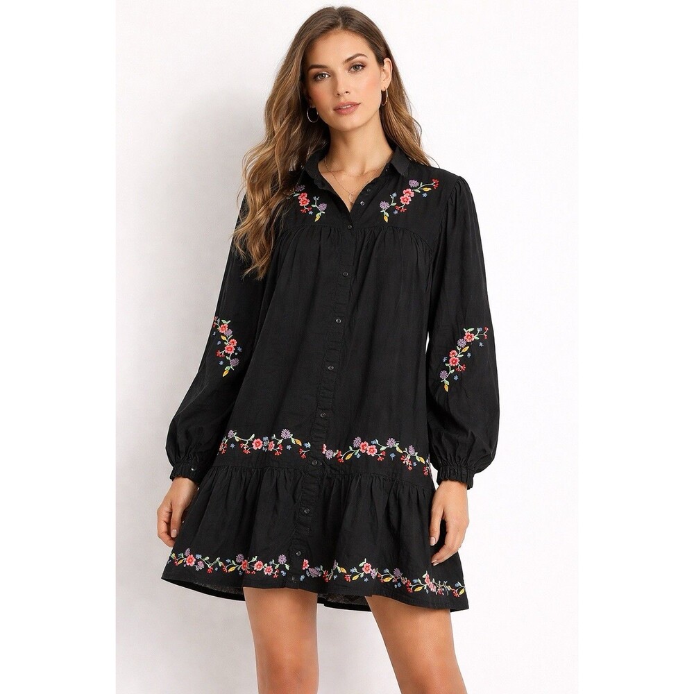 ASOS EMBROIDERED FLORAL Button Front Knee Length Black PARTY DRESS SIZE 20 2X